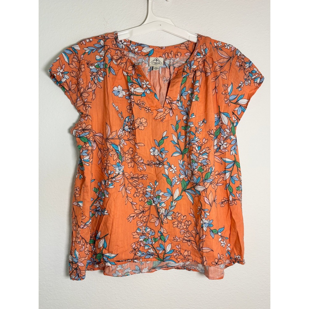 St Johns Bay Petite PXXL Orange Floral Split Neck Short Sleeve Blouse Top